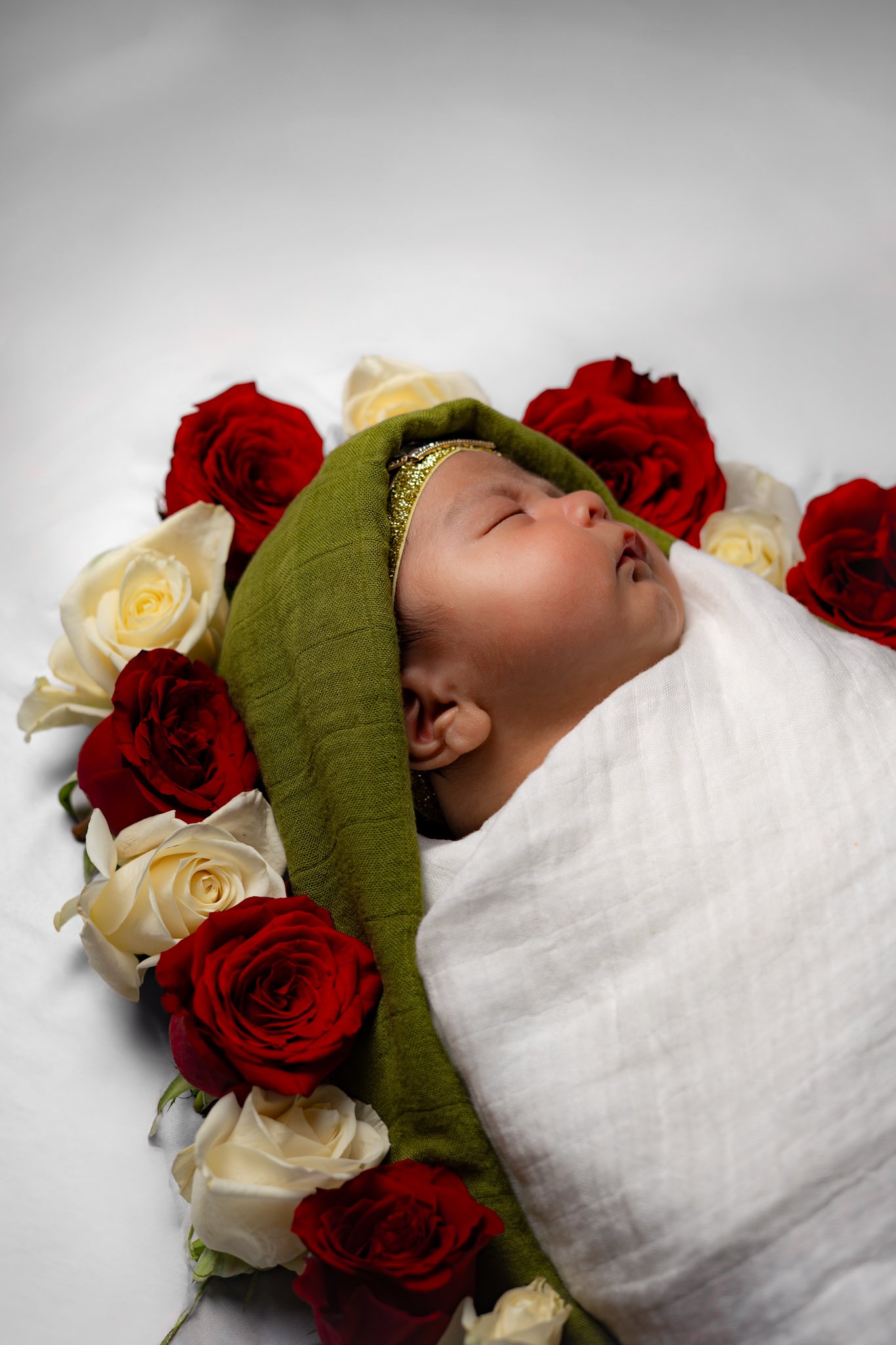 Sleeping newborn portrait surrounded by red and white roses