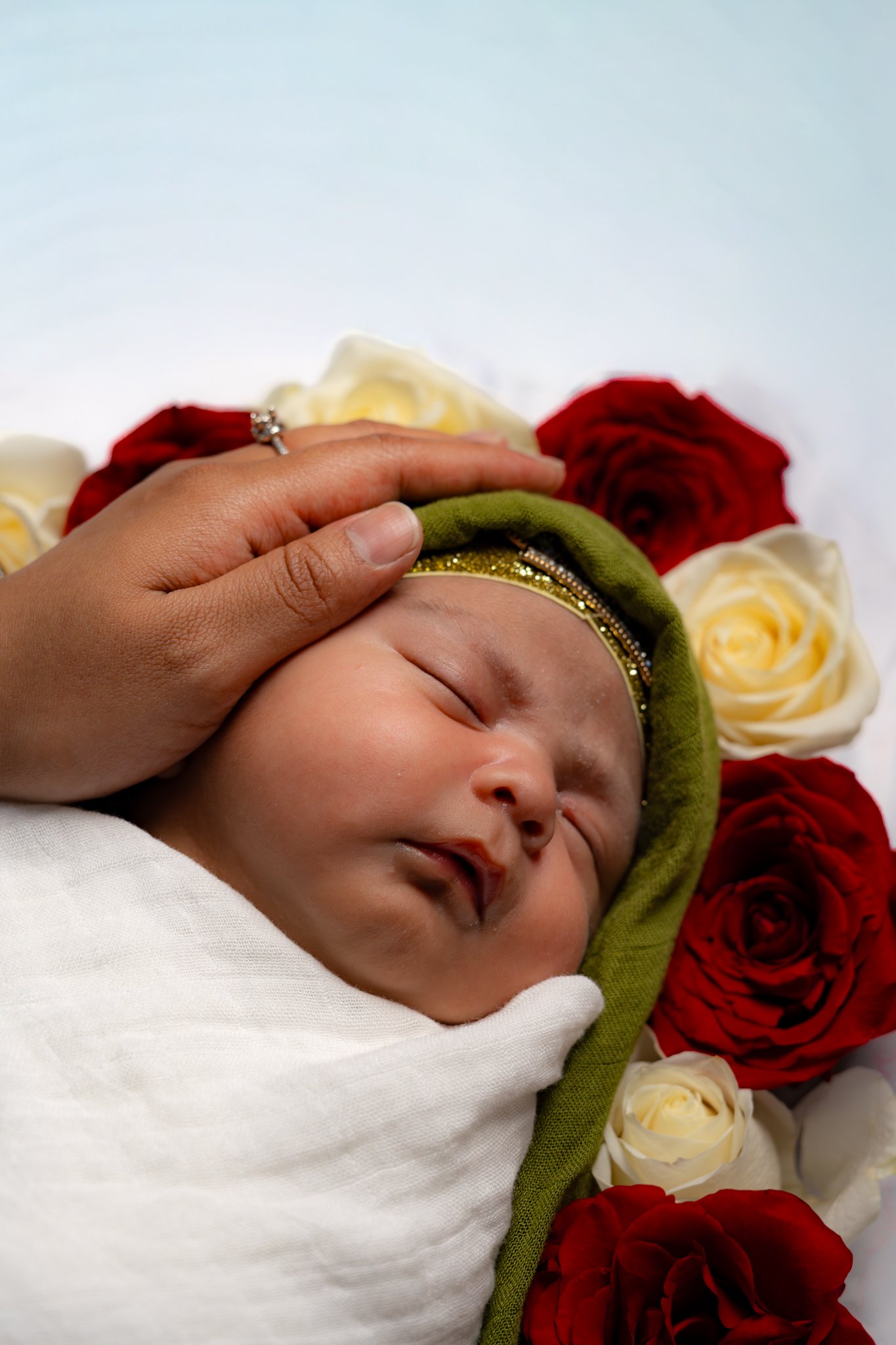 Newborn portrait, close up with parent's hand